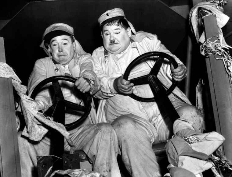 Stan Laurel (left) and Oliver Hardy are in another fine mess. Image: Wikipedia