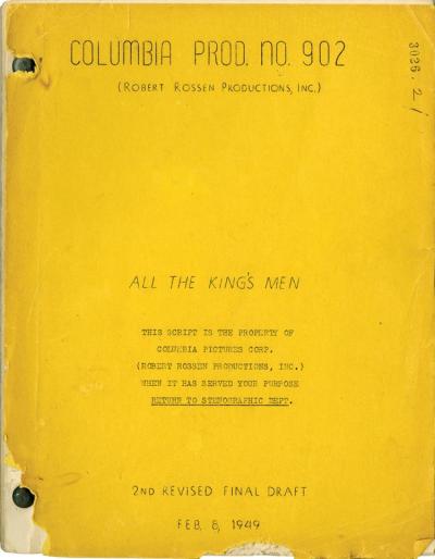 Lot 456: All the King's Men vintage original 2nd revised final draft script